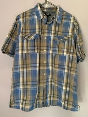 George Plaid Button Up Shirt Mens Large Blue Tan Short Sleeve Cotton